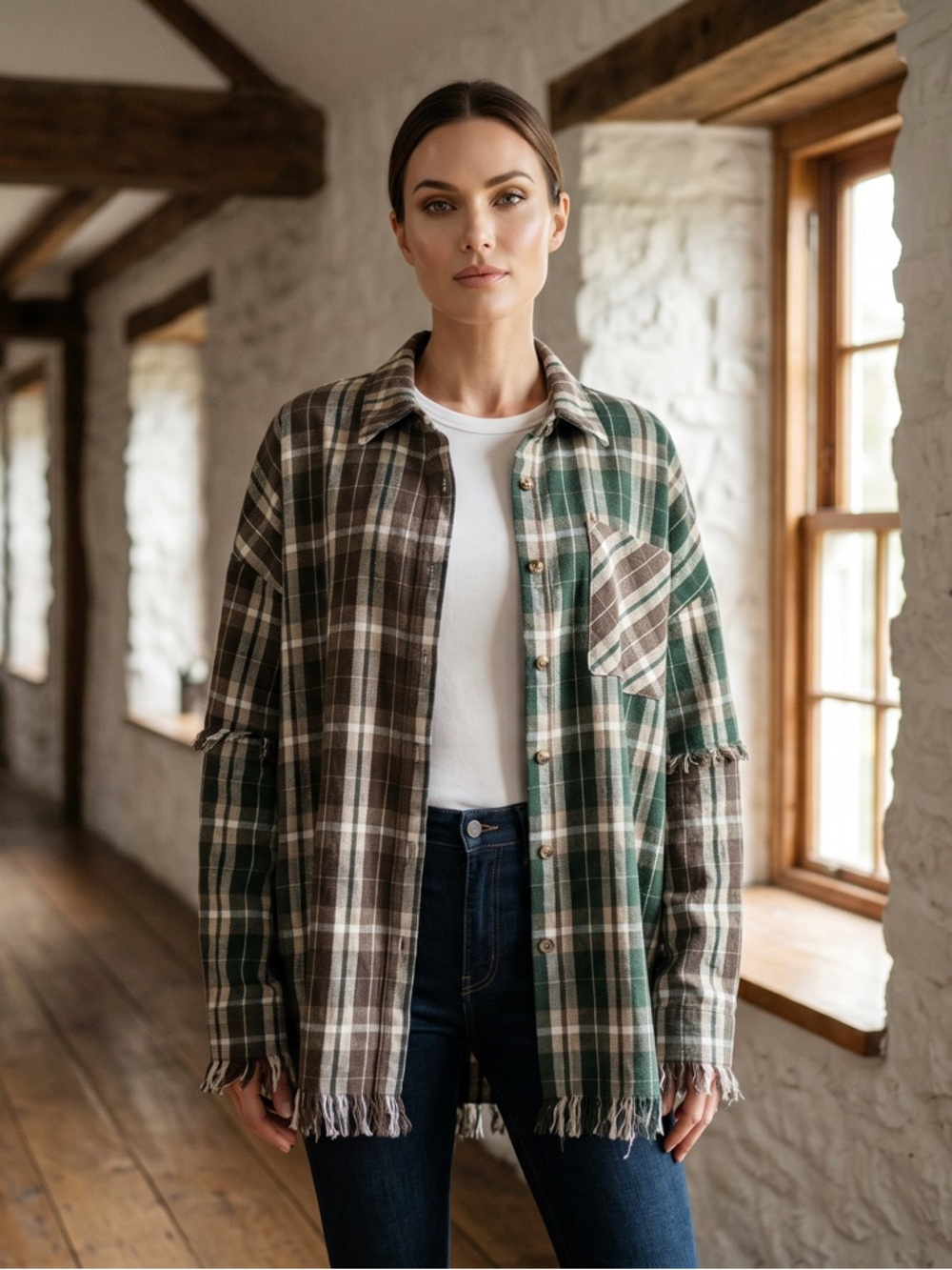 Vintage Plaid Button Up Shirt With Fringe Sleeves & Bottom